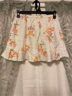 Floral Ruffle Linen Mini Skirt - White with Pink & Yellow Flowers